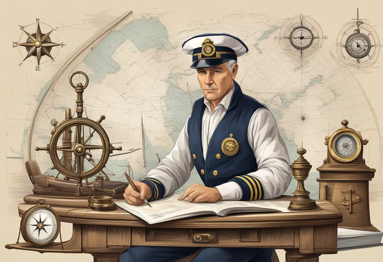 A boat captain studying navigation charts and regulations, with a captain's hat and uniform, surrounded by nautical equipment and a compass