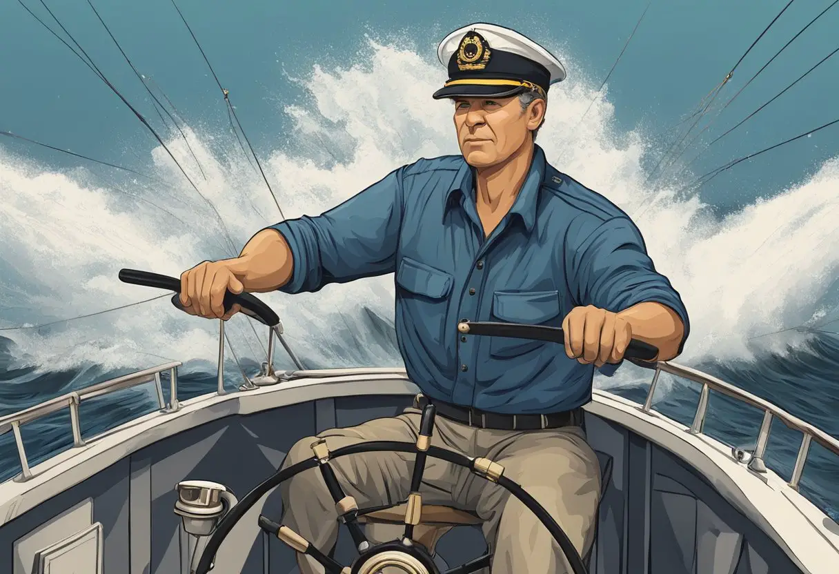 A boat captain navigating through rough waters, using charts and instruments to guide the vessel. The captain demonstrates confidence and expertise in handling the boat