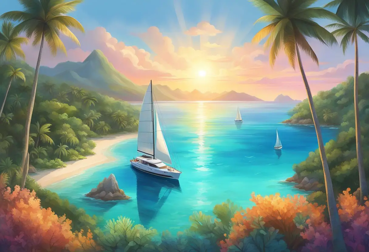 Crystal-clear waters surround a vibrant coral reef. A sleek yacht sails towards a picturesque tropical island. The sun sets behind the palm trees, casting a warm glow over the serene scene