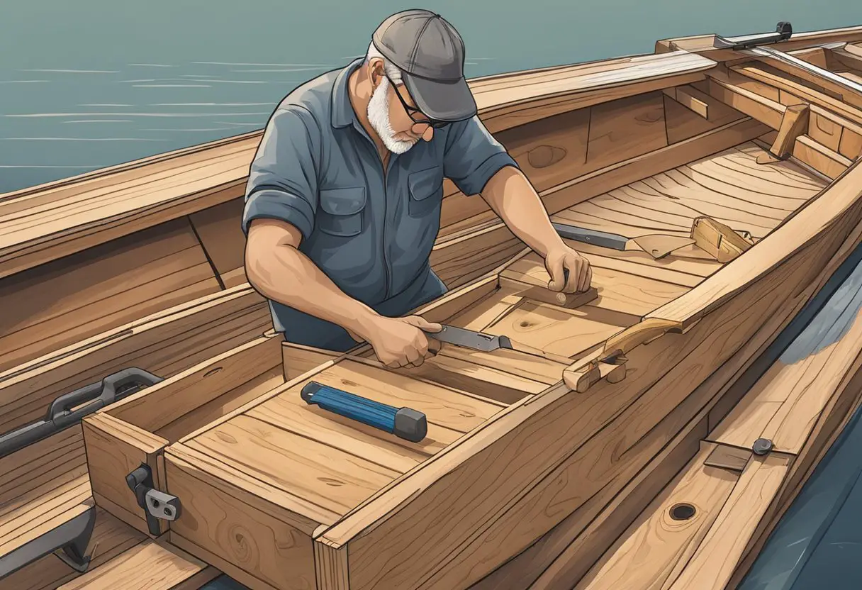 A boat owner measures and cuts wood for custom storage solutions on deck. Tools and materials are neatly organized nearby