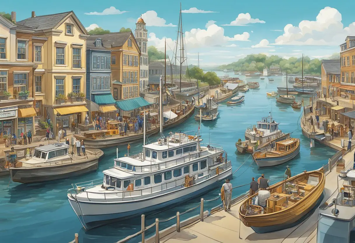 A boat carefully maneuvers through a crowded harbor, passing by other vessels and navigating tight spaces between docked boats. The waterway is bustling with activity as boats come and go, creating a dynamic and challenging environment for boaters