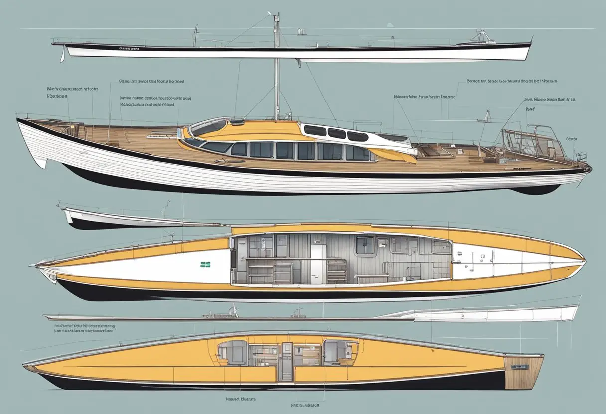 A cross-section view of a boat with labeled parts such as hull, keel, rudder, mast, and sails. Water and waves in the background