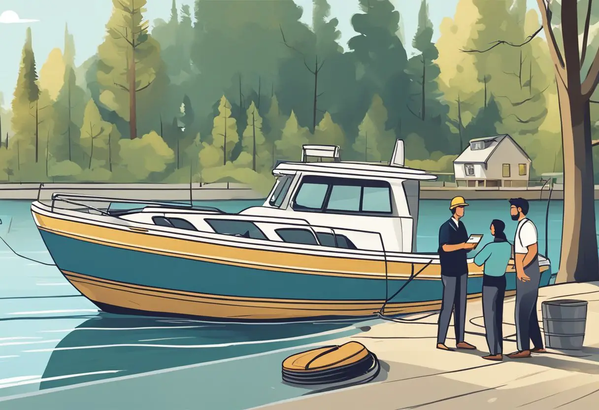 A boat sits on the water, damaged from a collision. The owner stands nearby, holding a phone and speaking with an insurance agent. The scene illustrates the process of filing a boat insurance claim after an accident