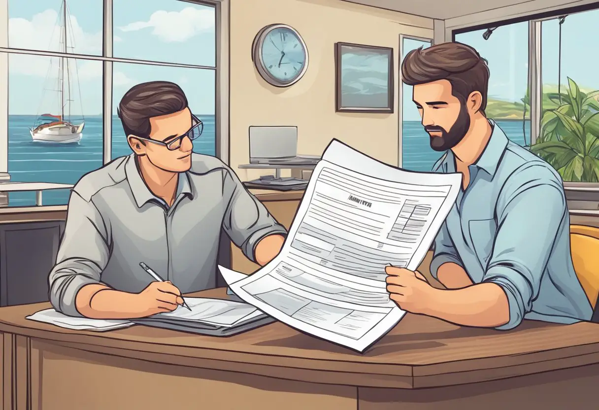A boat owner submits a claim form to an insurance agent. The agent reviews the form and assesses the damage to the boat