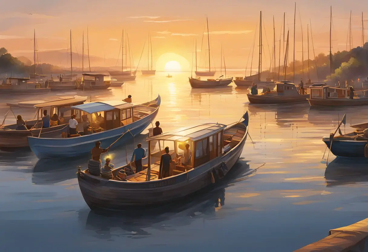A group of boats gather on the water, with people chatting and sharing tips. The sun sets in the background, casting a warm glow over the scene