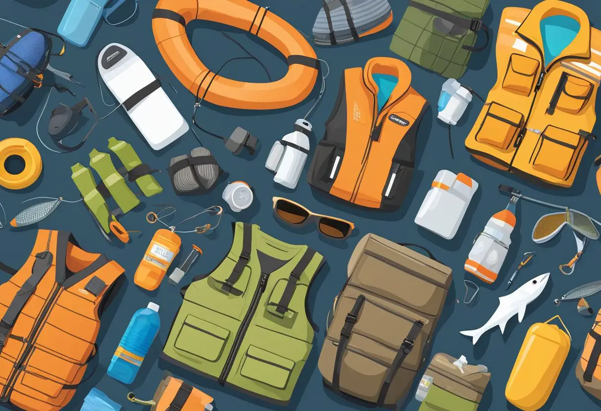 A variety of boating gear essentials and personal items are neatly arranged on a dock, including life jackets, ropes, fishing rods, sunscreen, and a cooler