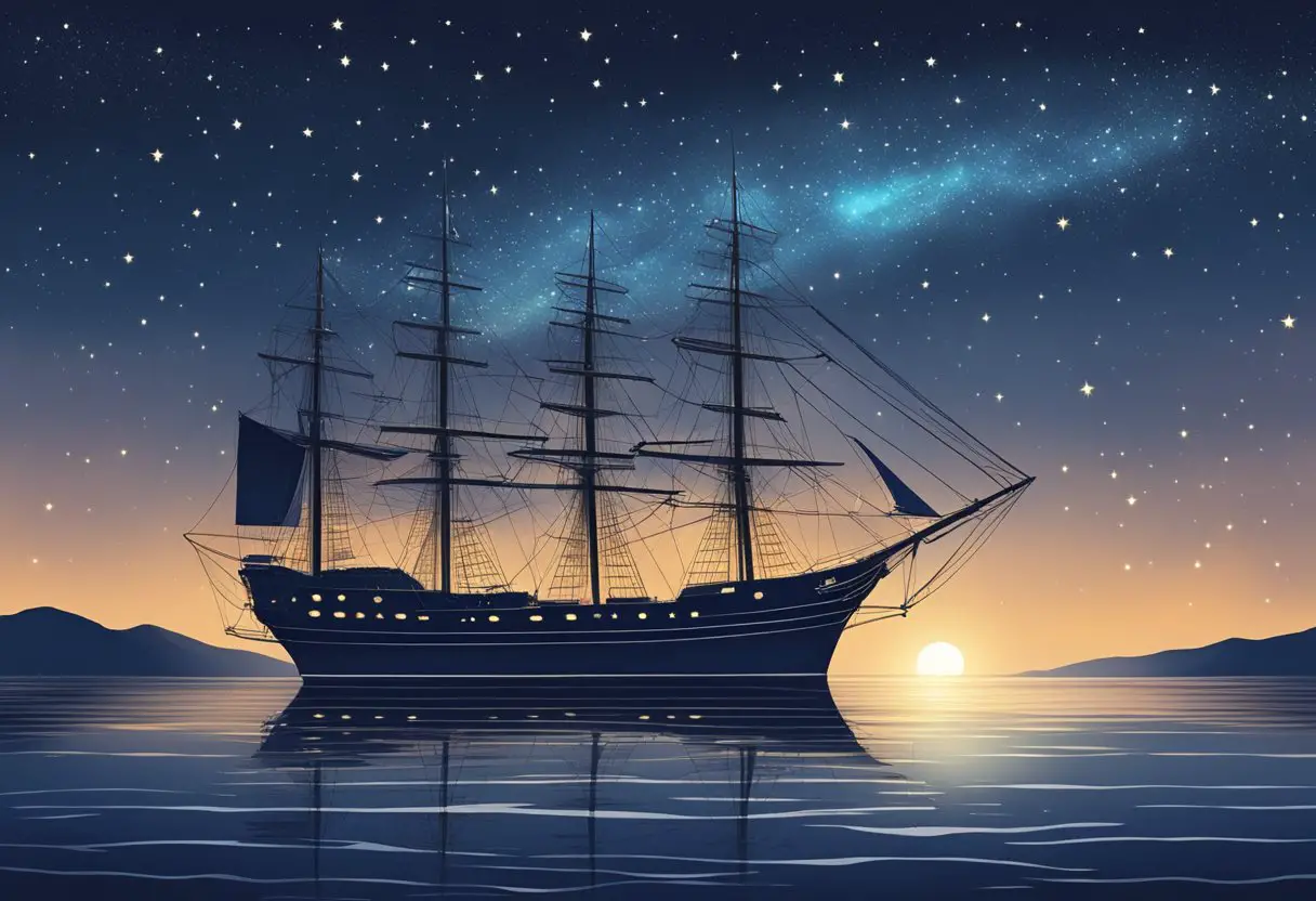 A clear night sky with stars shining brightly above a calm ocean, with a sailing ship in the distance using celestial navigation techniques