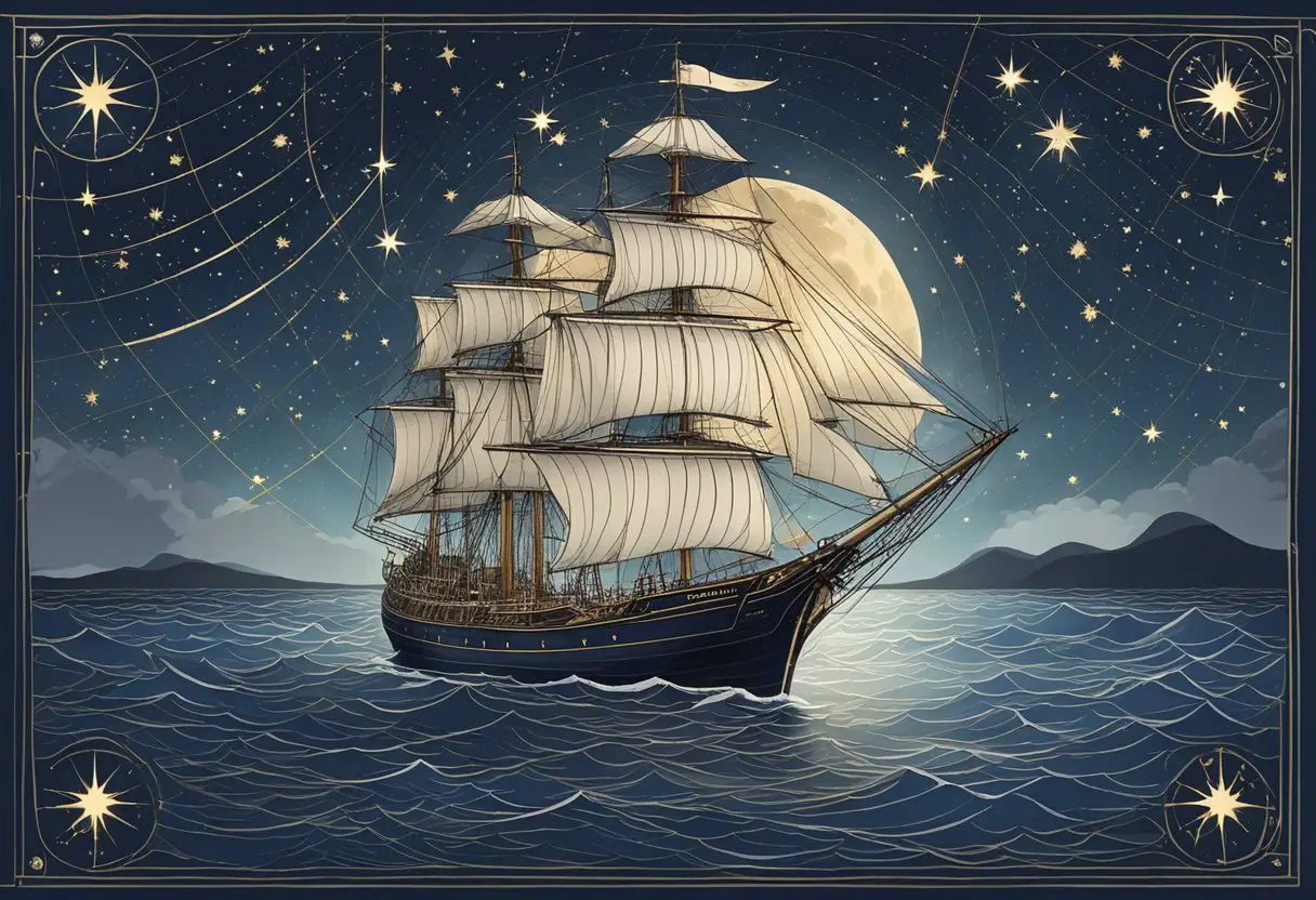 A sailing ship glides across a calm ocean under a starry night sky, with a navigational chart and celestial tools spread out on the deck. The stars above are carefully observed and plotted for precise navigation