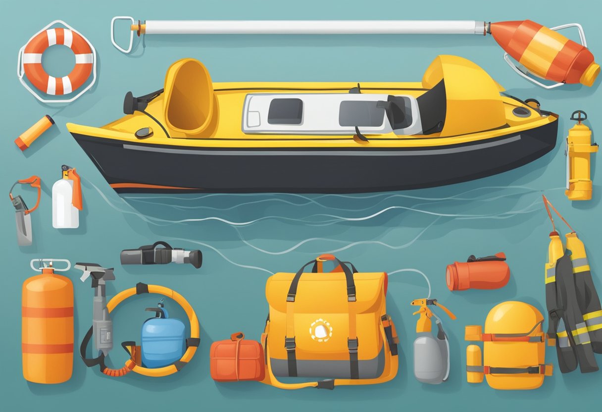 Safety equipment fails on a boat: life jacket deflates, fire extinguisher leaks, and emergency flares misfire